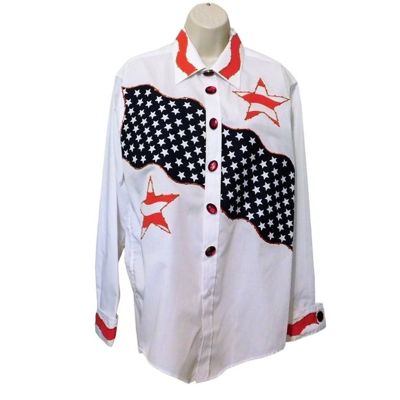 Patriotic Texas Theme Shirt XL White Red Blue Customized Long Sleeve Manhattan - Picture 1 of 9